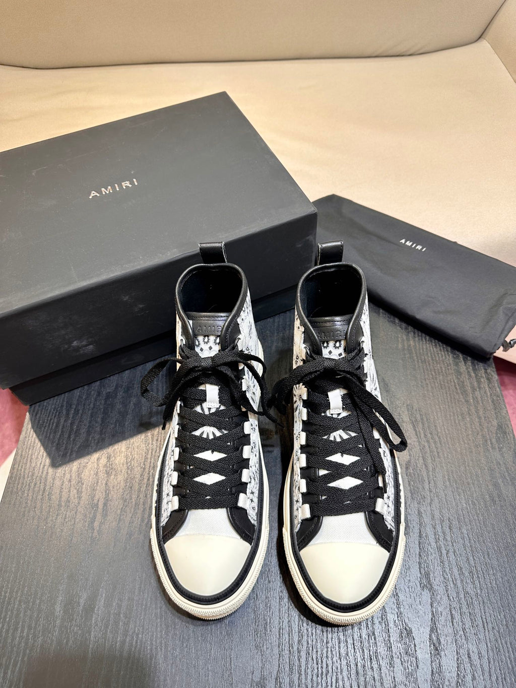Men's Amiri Canvas and Leather Stars Court High Top Sneakers Shoes