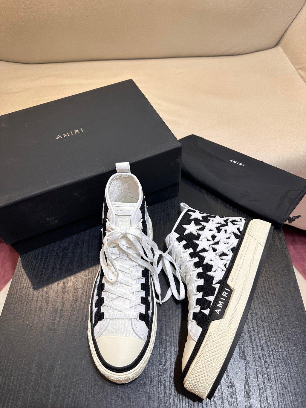 Men's Amiri Canvas and Leather Stars Court High Top Sneakers Shoes