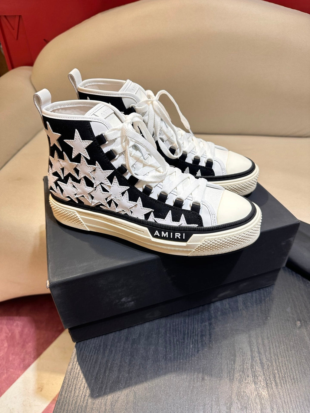 Men's Amiri Canvas and Leather Stars Court High Top Sneakers Shoes